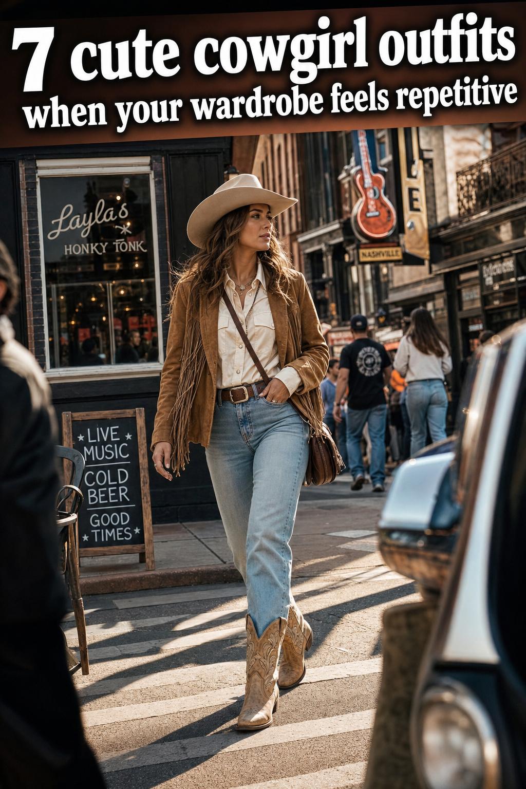 Cute cowgirl outfits featuring a stylish young woman in a western hat, denim jacket, and boots outdoors