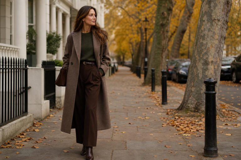 Dark autumn outfits with burgundy sweater, camel coat, and dark indigo jeans styled with chocolate ankle boots