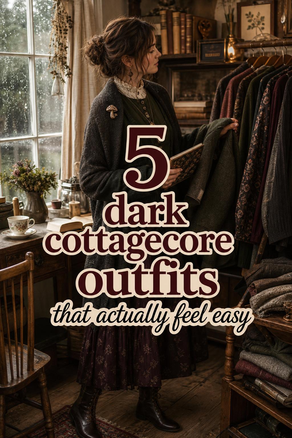 Woman in layered dark cottagecore outfits by a rain-kissed window in a cozy vintage nook with books, wool textures, and boots.