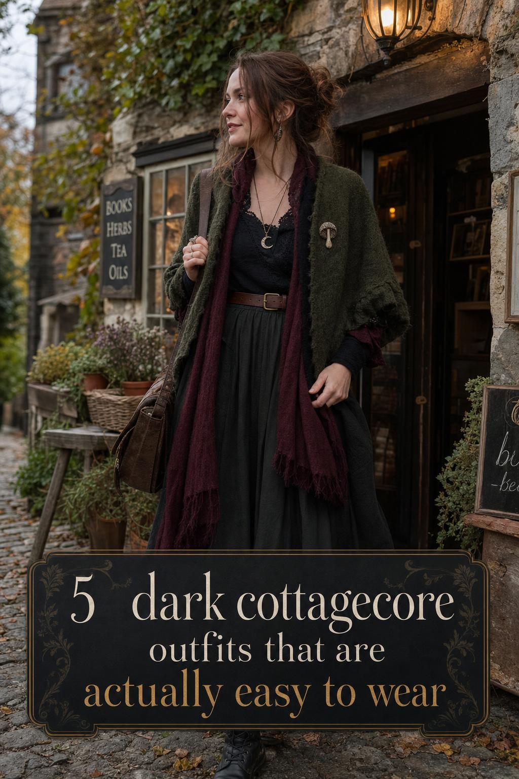 Woman styling dark cottagecore outfits in a vintage shop, layered moss green and burgundy with boots and a wool shawl