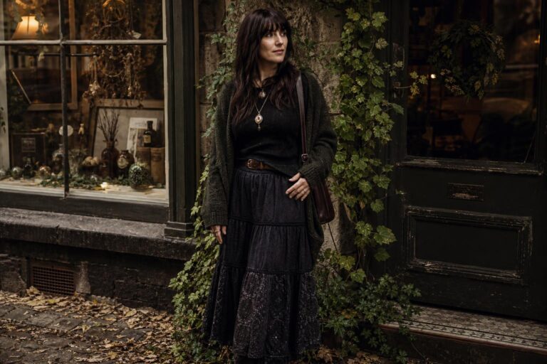 Dark cottagecore outfits with velvet dress, moss-green shawl, and antique locket in an autumn cottage setting
