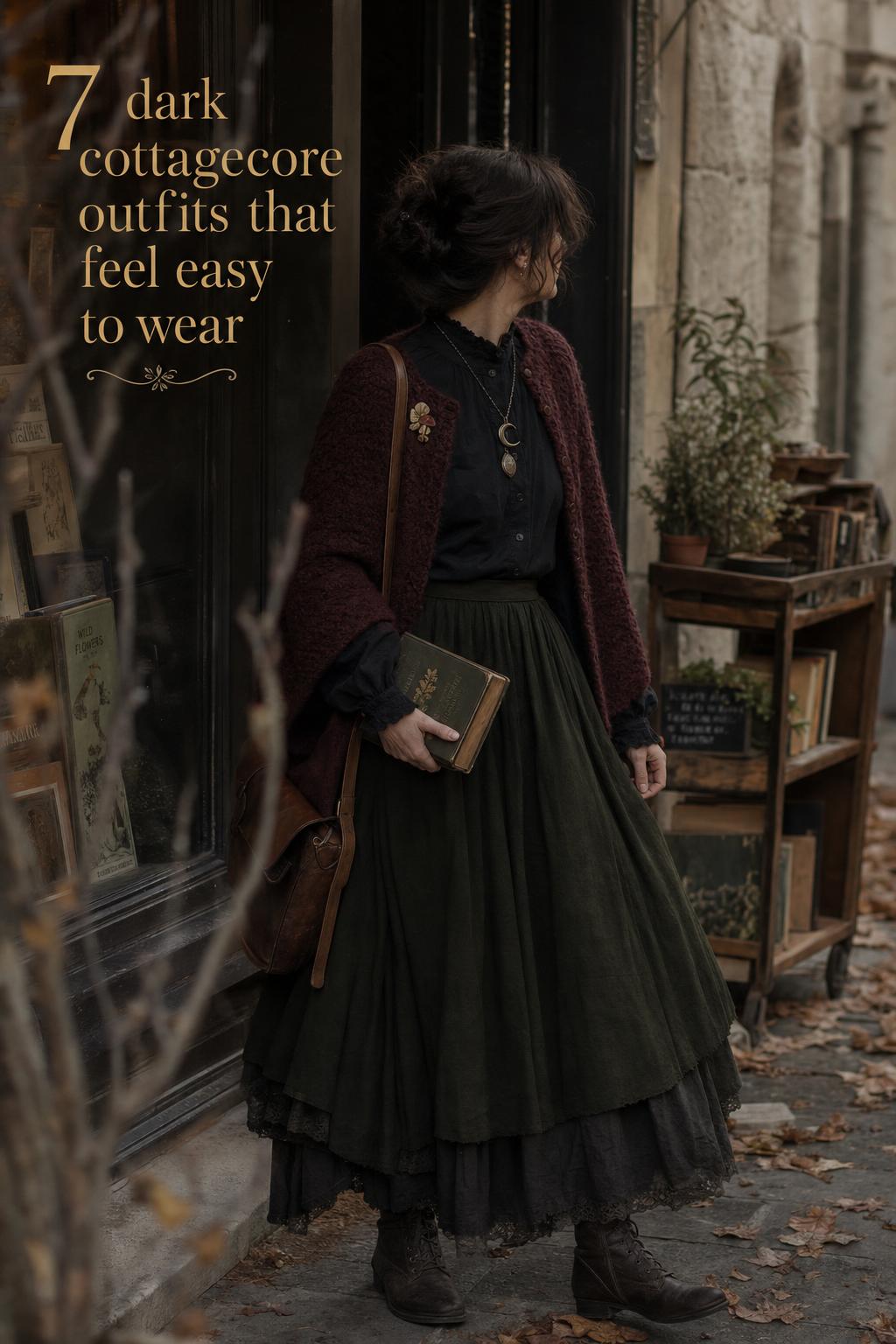 Adult woman in layered dark cottagecore outfits outside a vintage bookshop on an autumn street with moody textures