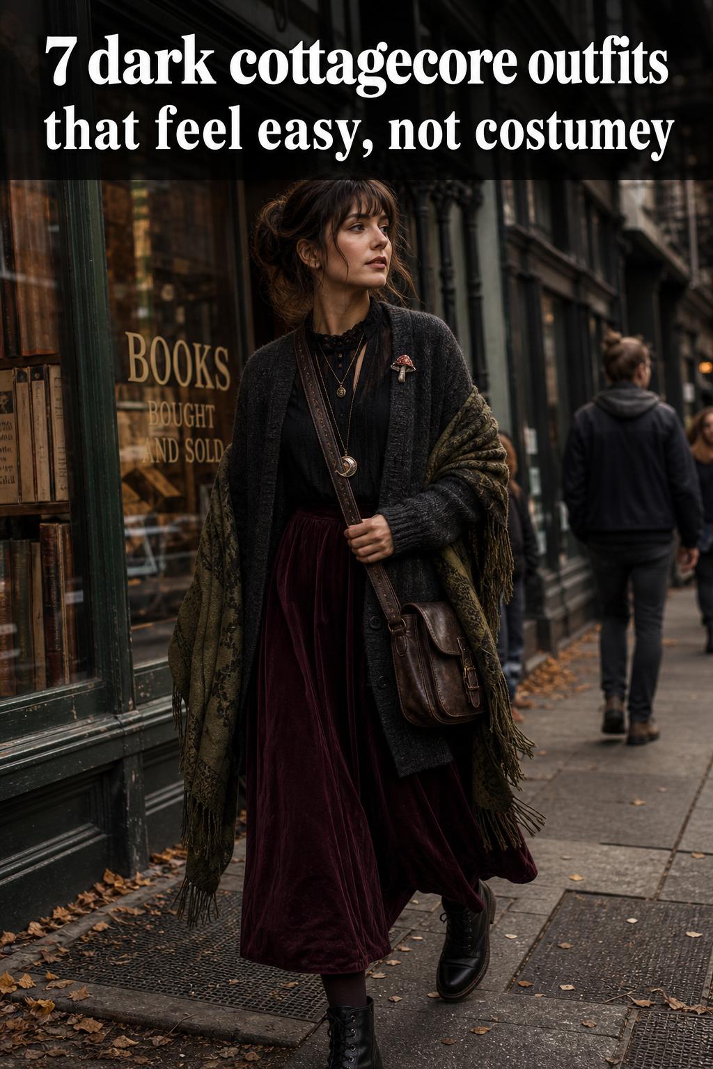 Dark cottagecore outfits styled with layered dresses, corset details, and rustic accessories in a moody woodland setting