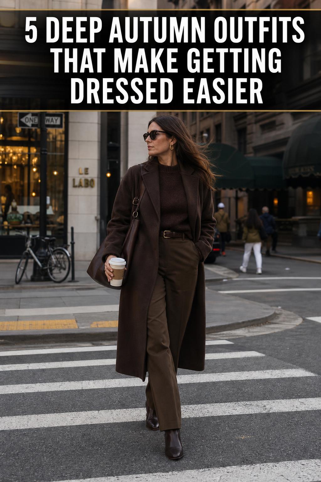 Deep autumn outfits styled on a model in warm layers, earthy tones, and cozy knitwear in an outdoor city setting
