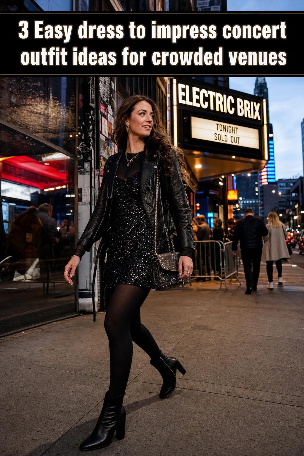 Dress to impress concert outfit featuring a chic black leather jacket, sequin top, and ankle boots under stage lights