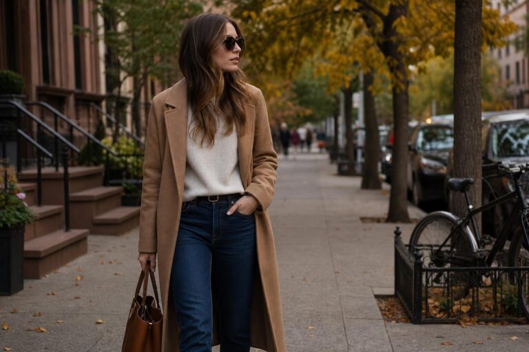 Early autumn outfits with jeans, camel sweater, blazer and ankle boots layered for cool mornings and warm afternoons