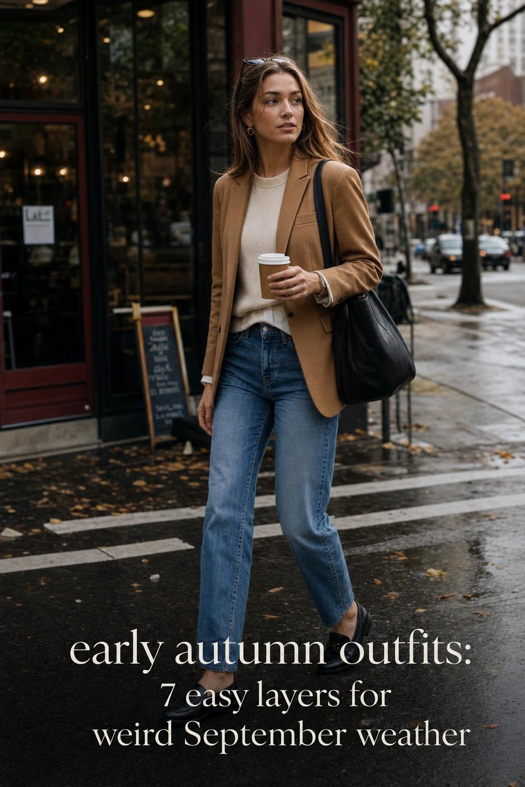 Early autumn outfits street style: woman in camel blazer and jeans walking on damp city sidewalk by a café in September