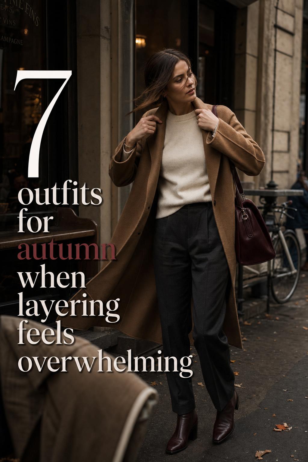 Stylish woman adjusting camel coat outside a café, showcasing outfits for autumn with cream knit and charcoal trousers