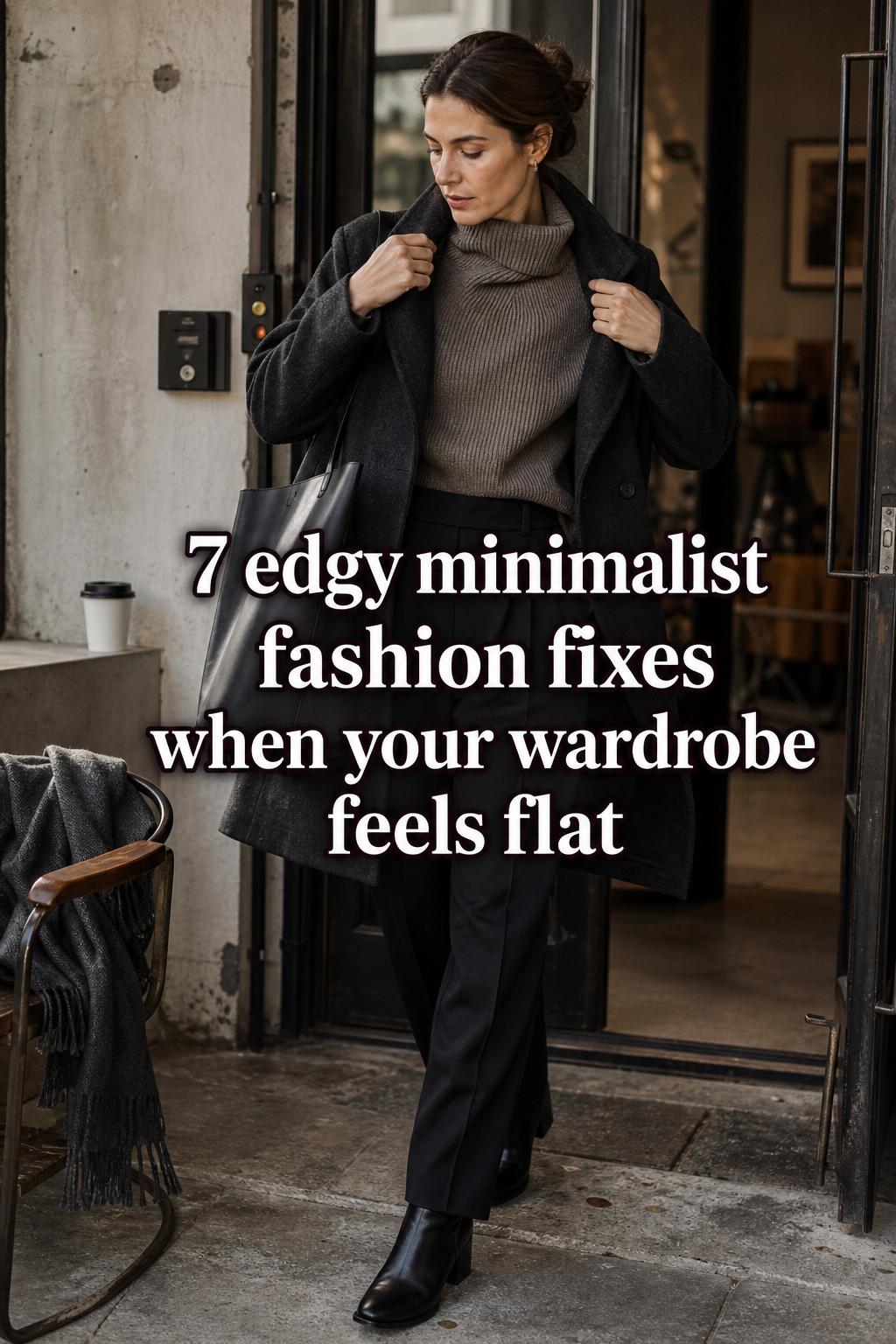 Edgy minimalist fashion look: woman adjusts charcoal coat by city office entrance with tote and ankle boots, text overlay.