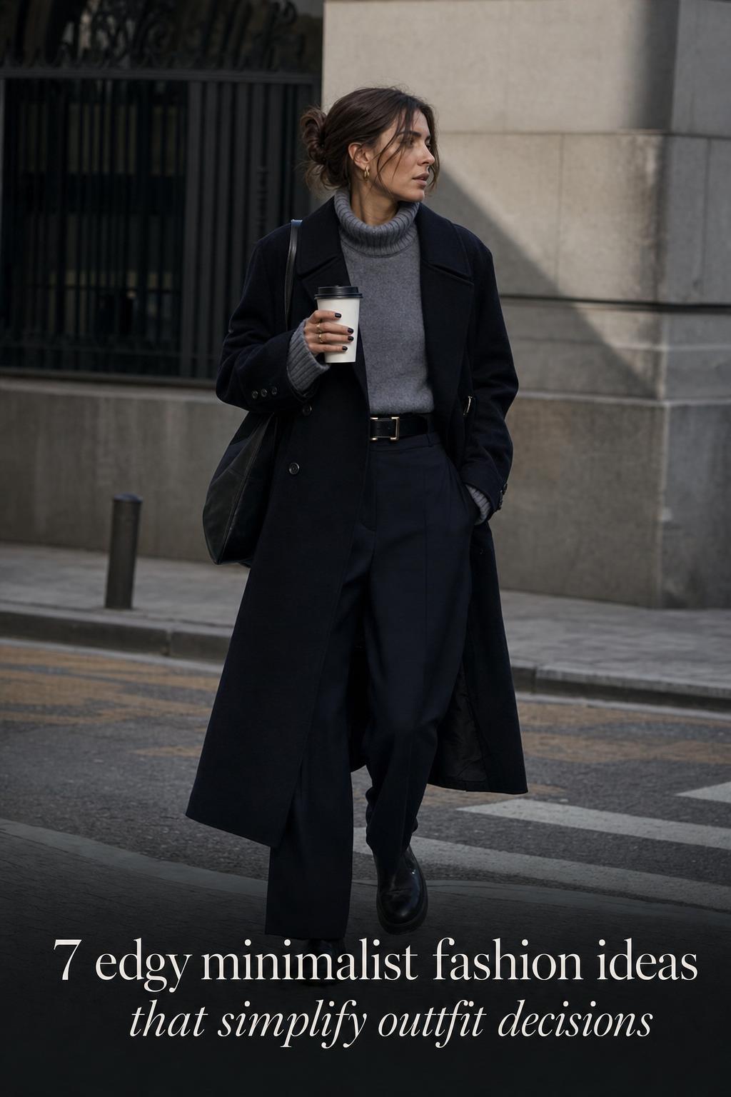 Edgy minimalist fashion street style adult in dark structured coat and boots walking on a clean urban side street