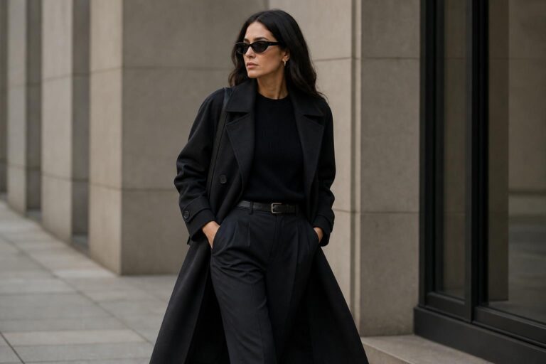 Edgy minimalist fashion look with structured black coat, tailored trousers, and chunky boots on a modern city street