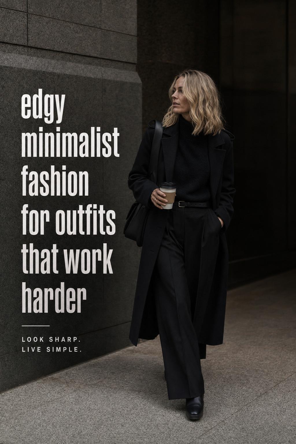 Edgy minimalist fashion on an adult in a dark structured coat and tailored trousers on a moody city street with text overlay
