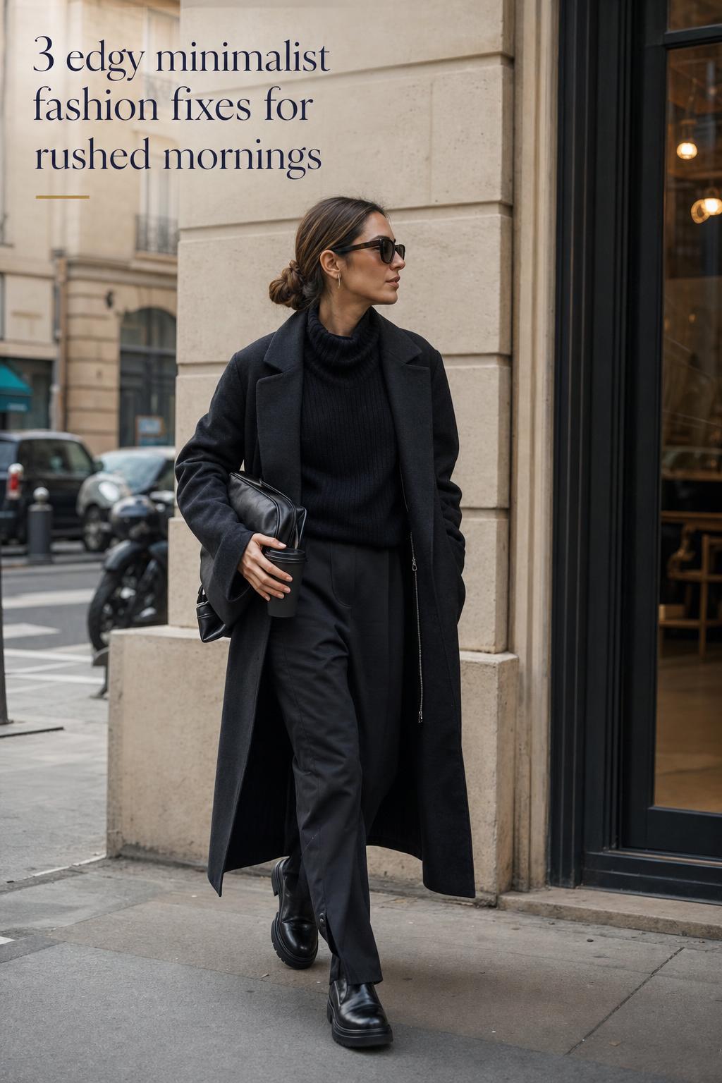 Adult woman in edgy minimalist fashion wearing a charcoal coat and boots walking through an urban street in soft daylight