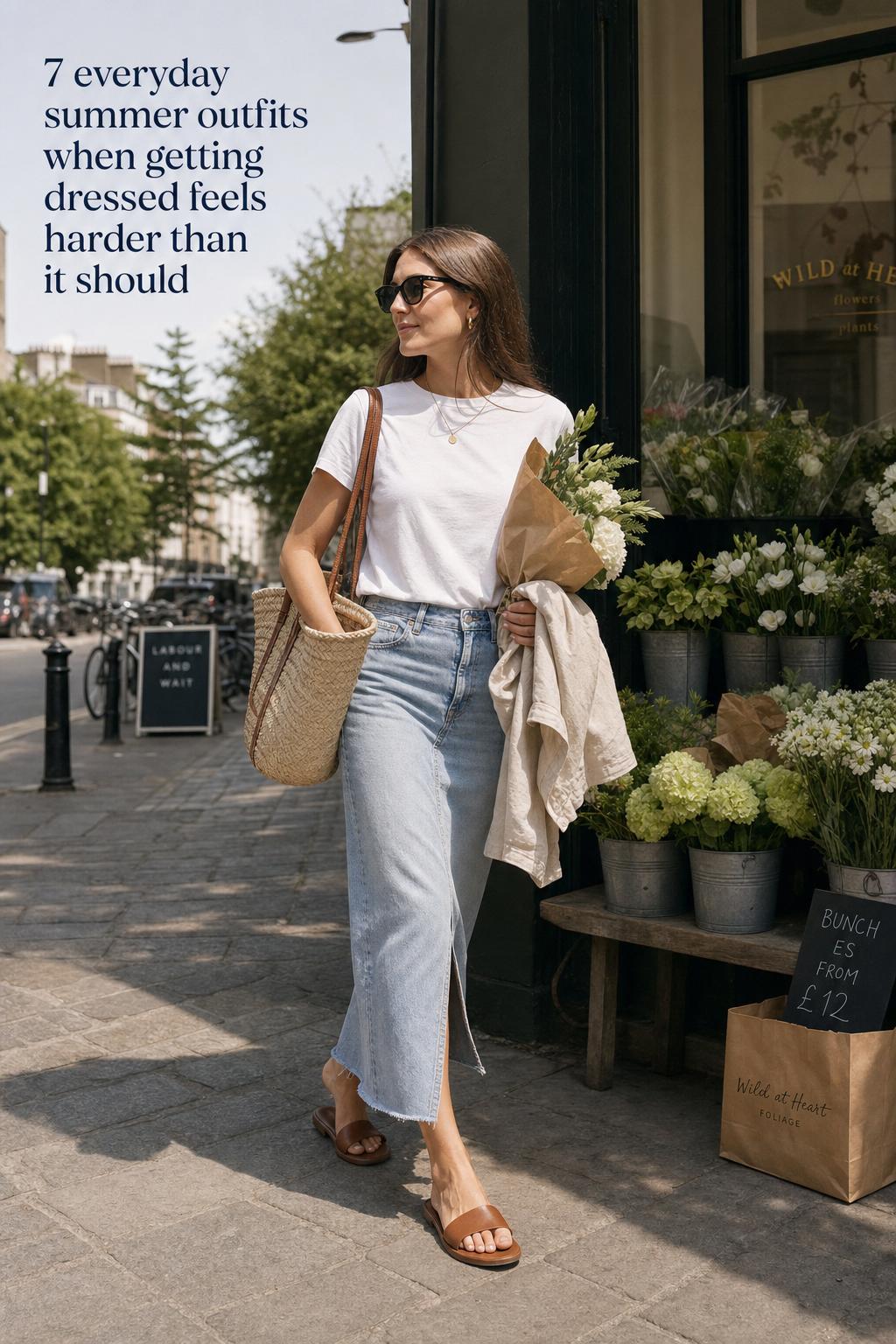 Adult woman in crisp white tee and light-wash denim midi skirt leaving a market, showcasing everyday summer outfits.