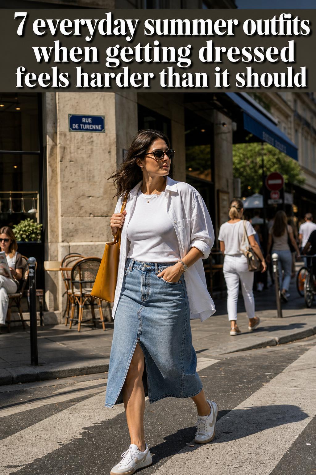 Woman wearing everyday summer outfits in a sunlit street, featuring a breezy top and shorts for warm weather style