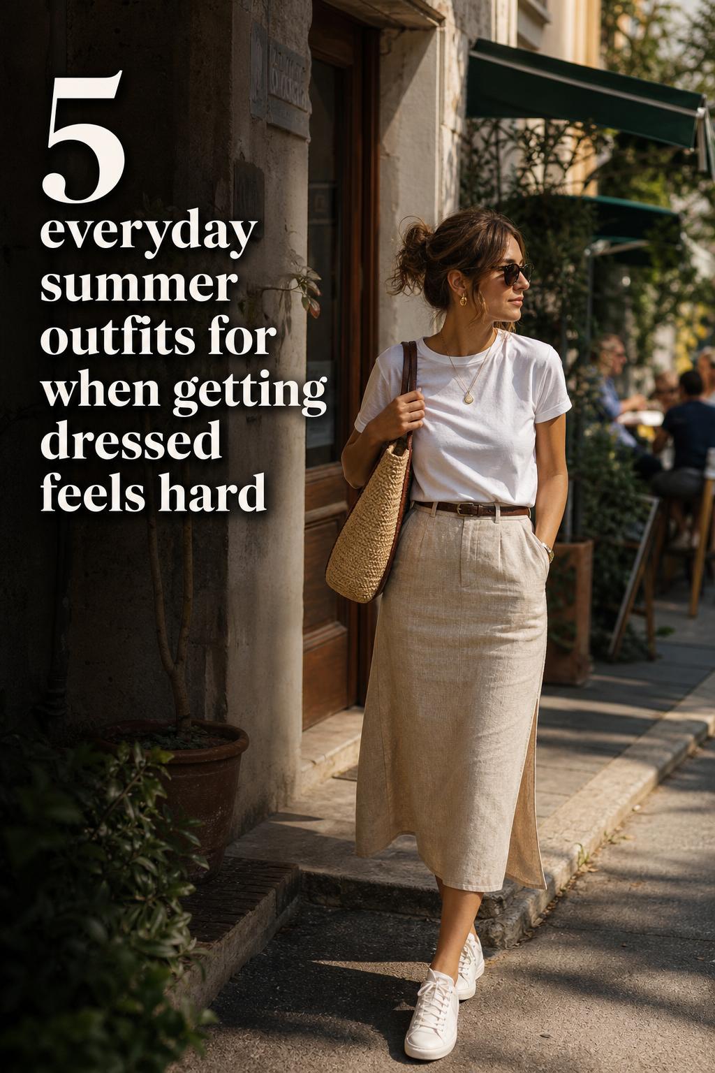 Everyday summer outfits on an adult woman in a white tee and linen midi skirt walking a sunlit city street, editorial style