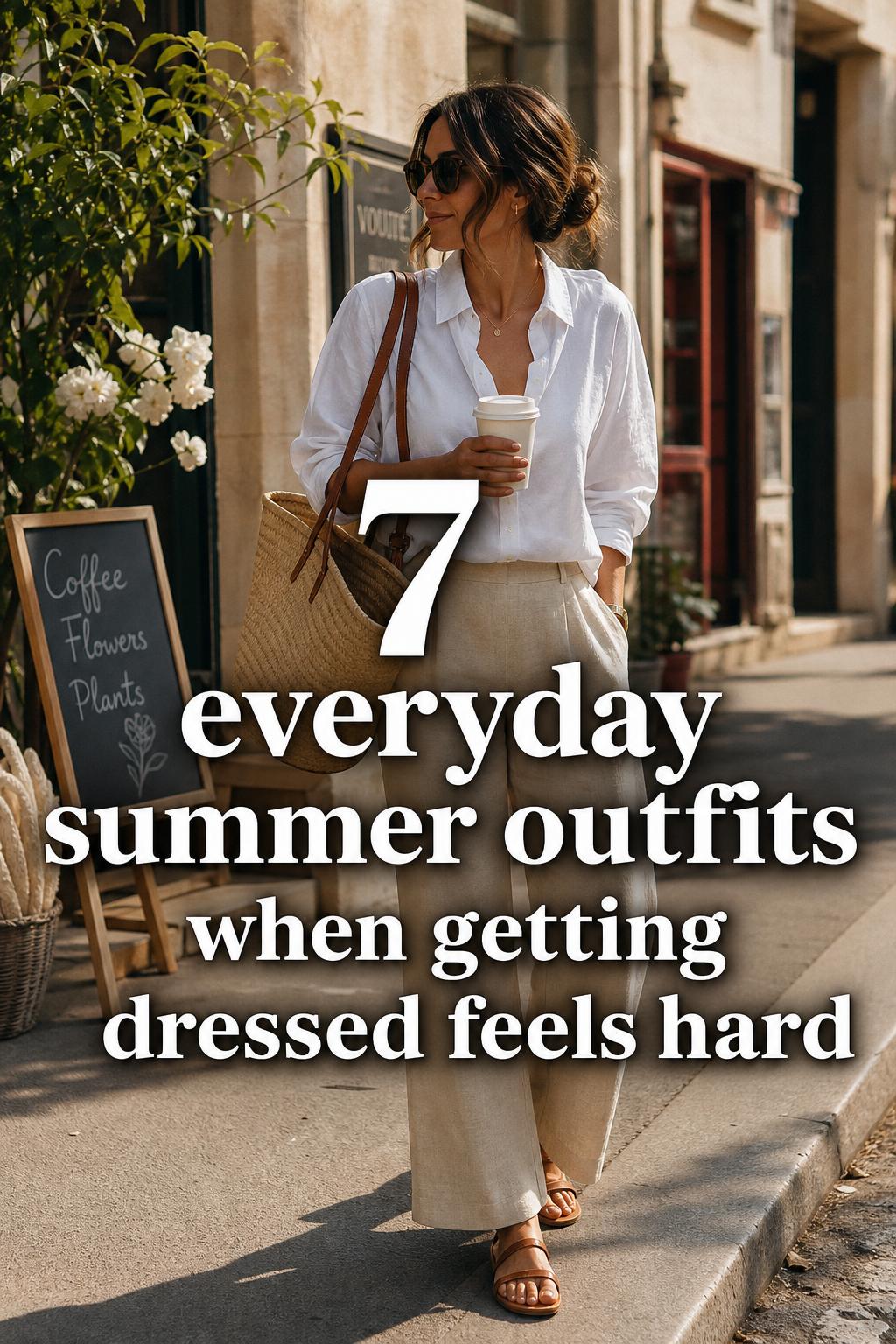 Woman in linen midi skirt and white tee on sunny city street, effortless everyday summer outfits with sandals and tote