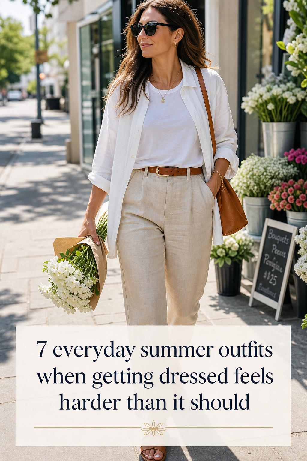 Everyday summer outfits on a sunlit city street, woman in white tee and linen layers with sandals, sunglasses, and bag