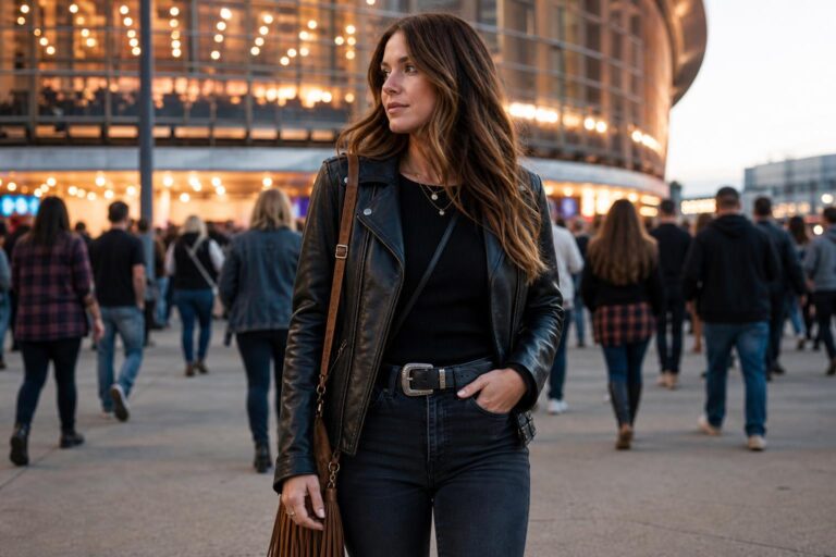Fall concert outfit with black leather jacket, ankle boots, and layered knit top for an edgy night-out look