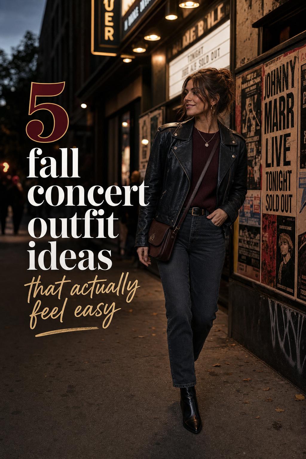 Fall concert outfit ideas on an adult woman in a leather jacket and jeans outside a music venue at dusk