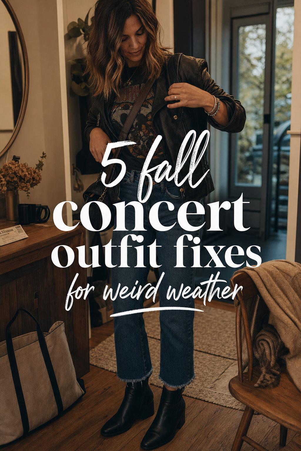Fall concert outfit with layered leather jacket, jeans and ankle boots, candid pre-show moment in a warm apartment entryway