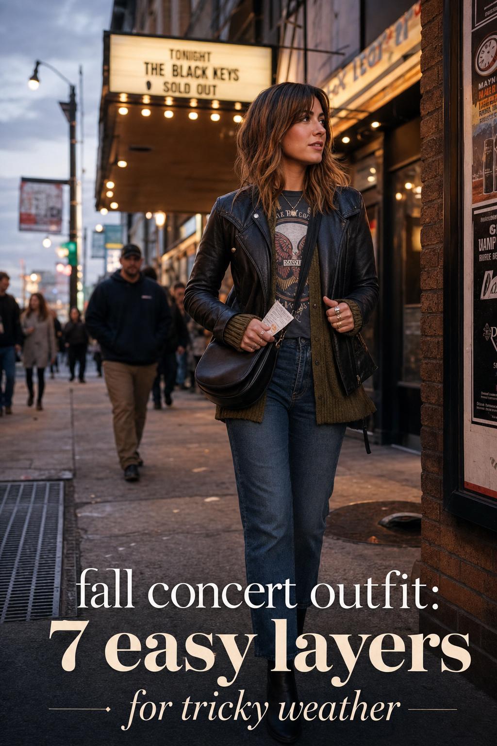 Fall concert outfit idea: adult woman in layered jacket, jeans and ankle boots outside an autumn concert venue at dusk