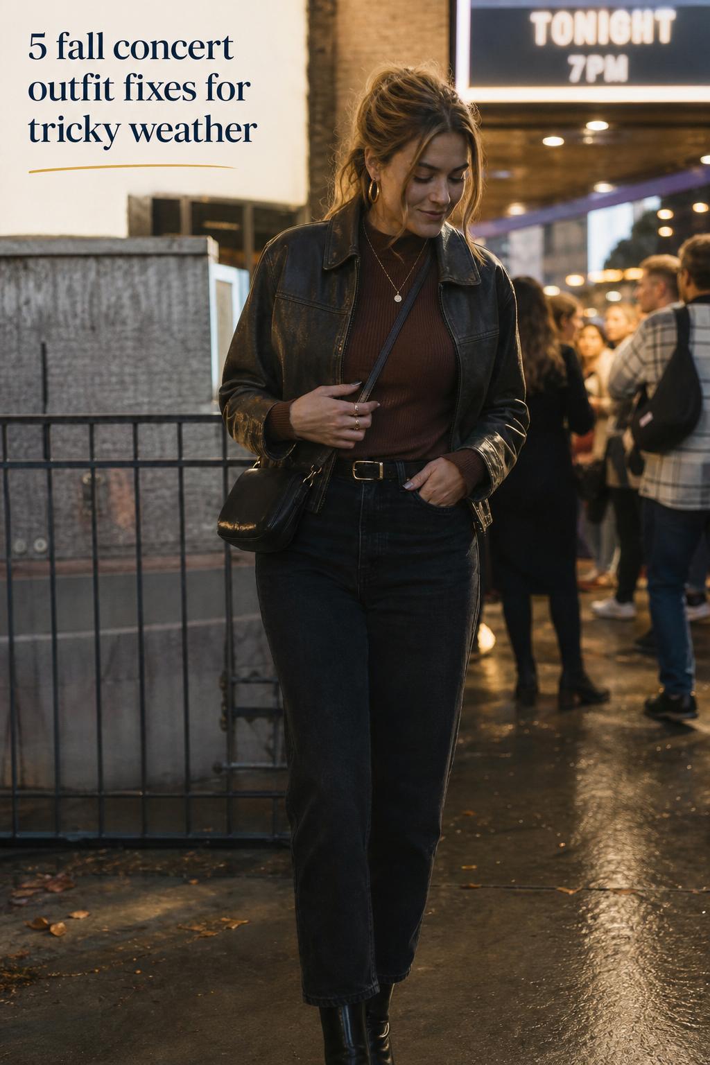 Adult woman in a fall concert outfit wearing a leather jacket and boots outside an arena at dusk with ticket in hand