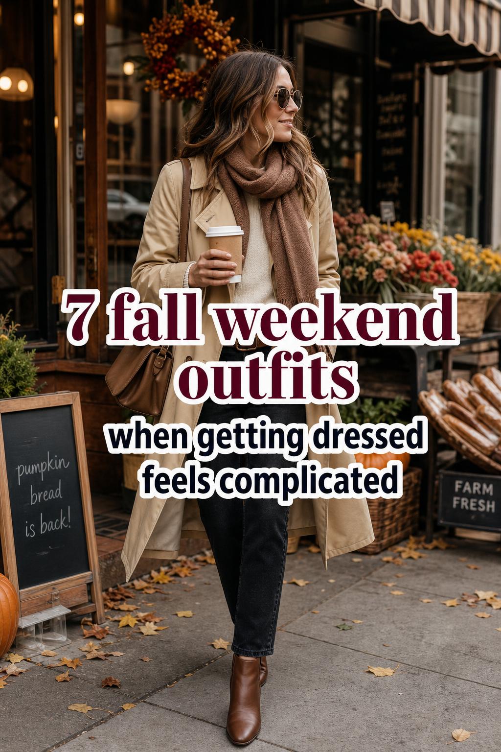 Fall weekend outfits in an autumn cafe scene with a woman in a trench coat, knit sweater, jeans and boots, text overlay