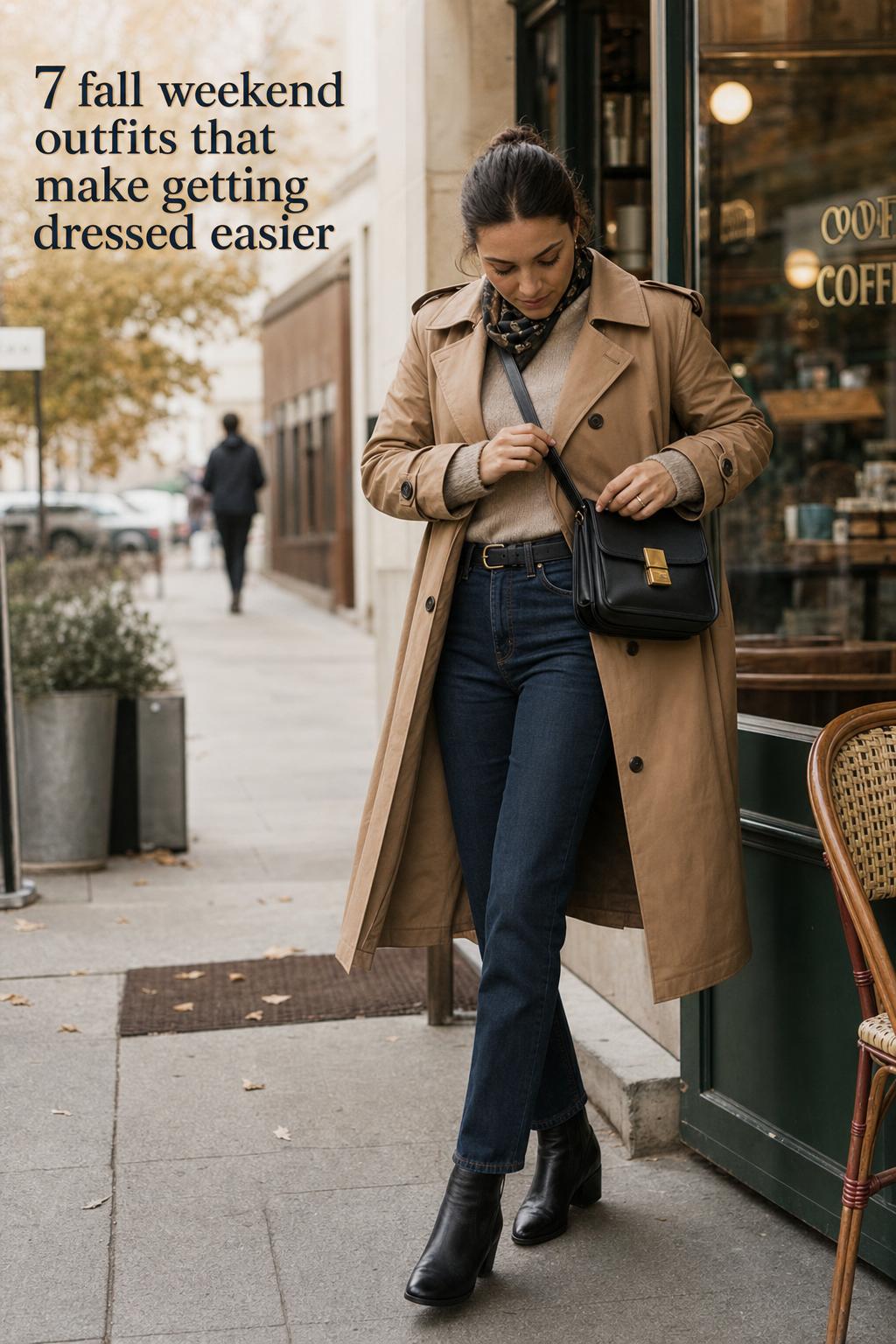 Woman in camel trench and dark jeans adjusting crossbody bag outside a cafe, showcasing fall weekend outfits in the city