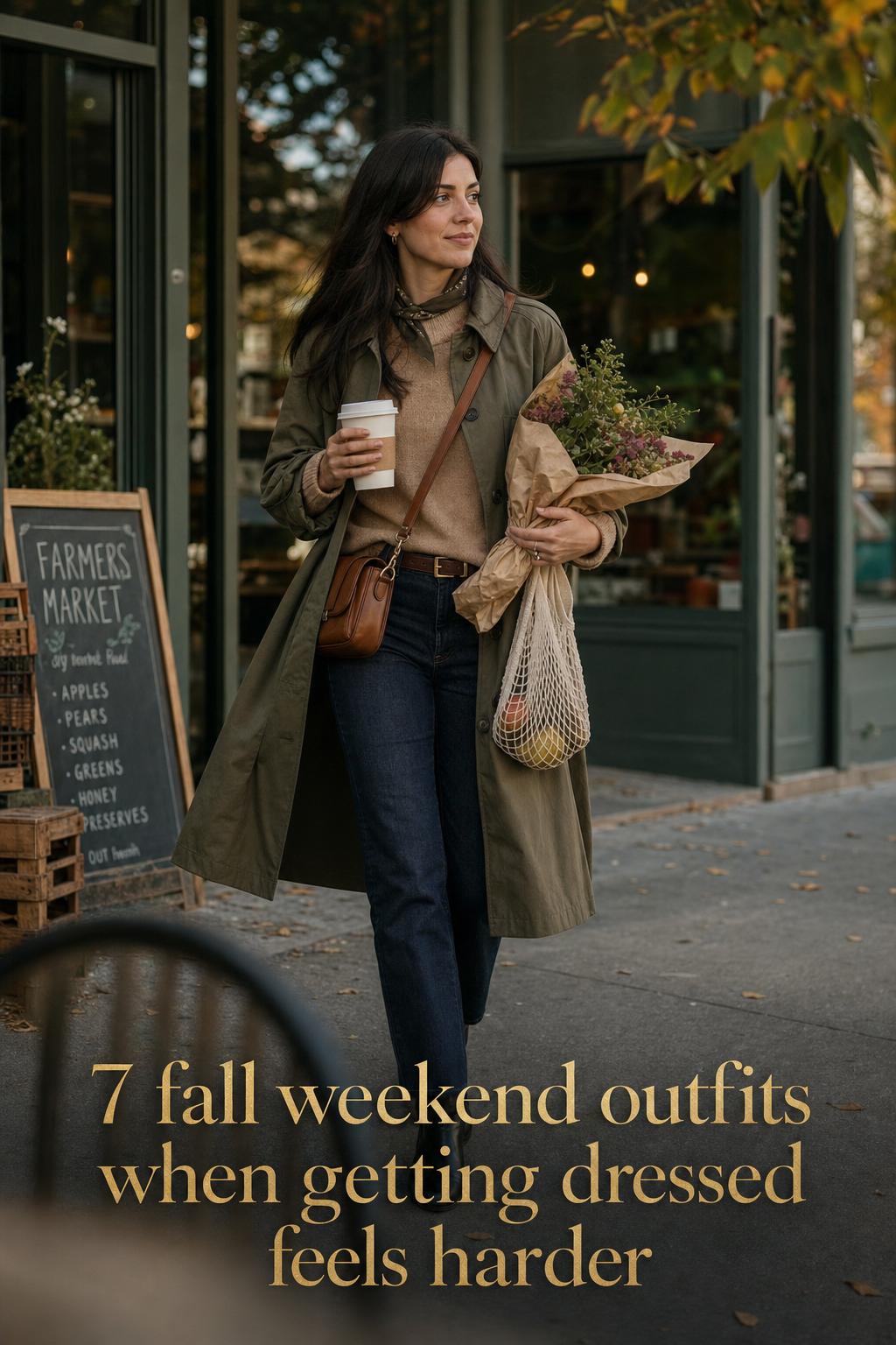 Adult woman in olive trench and camel sweater at a city café corner with coffee and flowers, showcasing fall weekend outfits