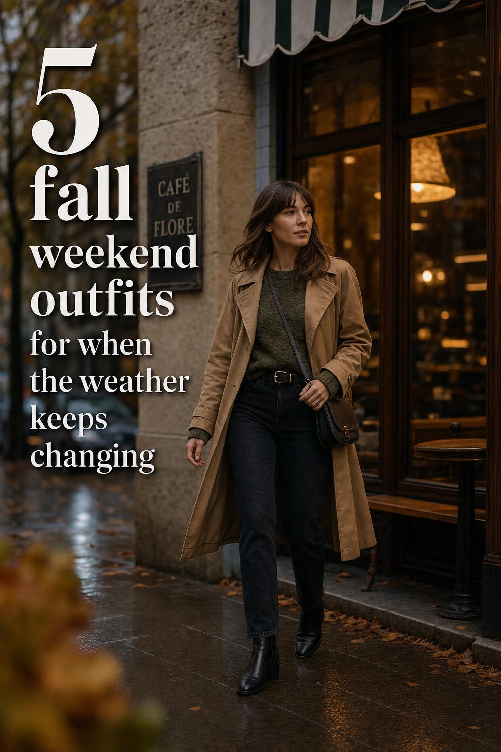 Fall weekend outfits idea: adult woman in camel trench and olive knit walking past a cozy café on a rainy autumn evening.
