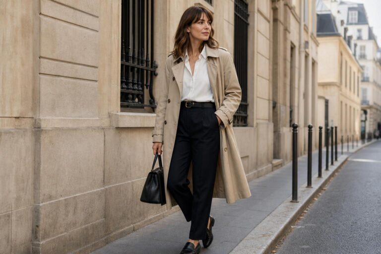 French minimalist wardrobe essentials laid out in neutral tones with blazer, trench coat, loafers, and striped top