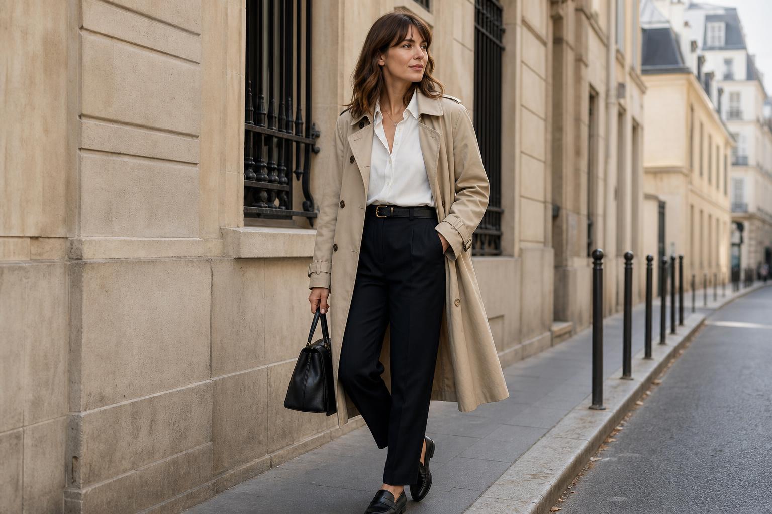 French minimalist wardrobe essentials laid out in neutral tones with blazer, trench coat, loafers, and striped top