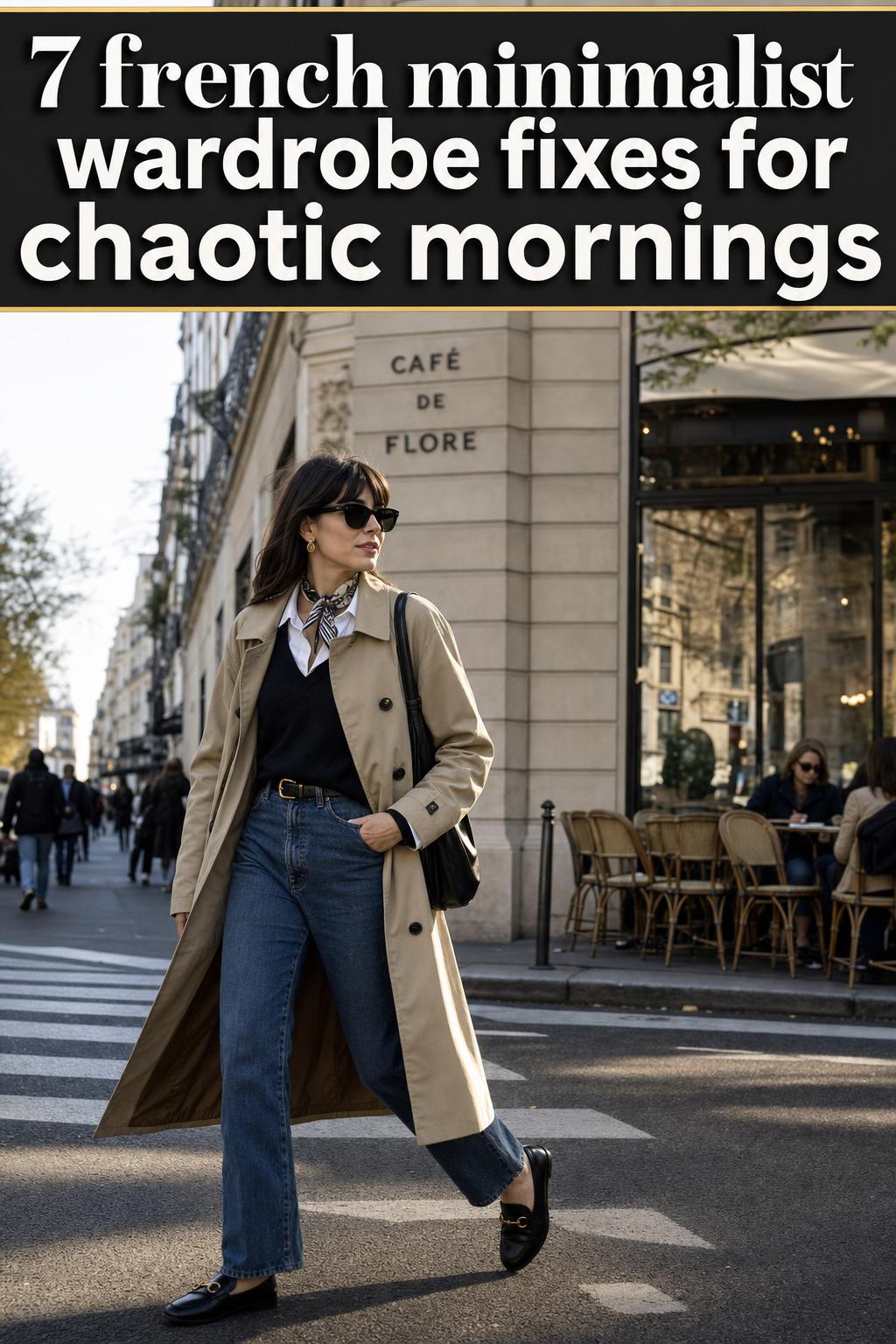 French minimalist wardrobe essentials arranged on a neutral bed with beige trench coat, white shirt, and leather loafers