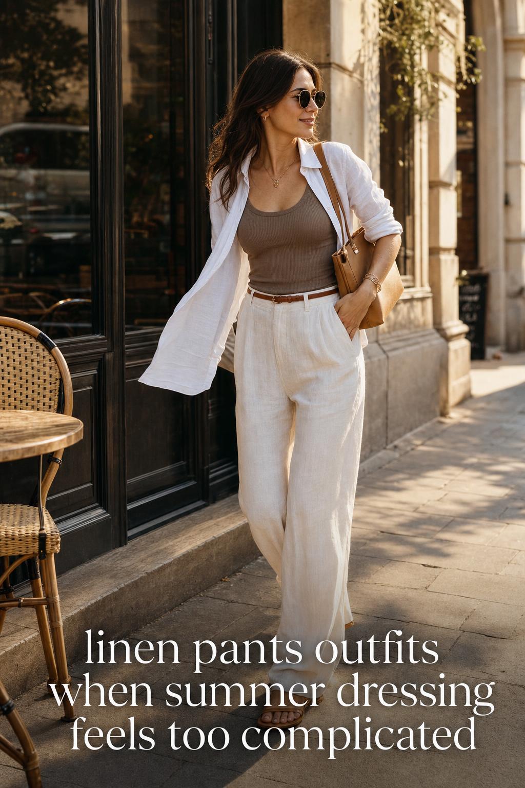 Woman walking on a sunlit European street in wide-leg ivory trousers and tank, showcasing linen pants outfits
