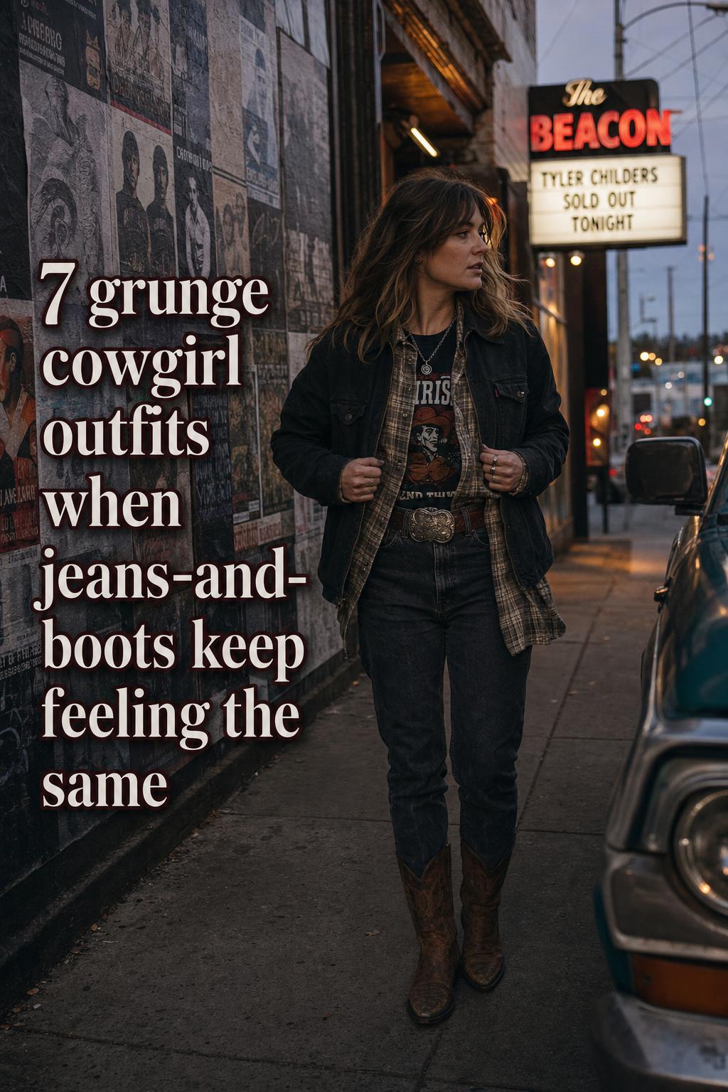 Grunge cowgirl outfits street style at blue hour with plaid overshirt, graphic tee, black denim and brown cowboy boots
