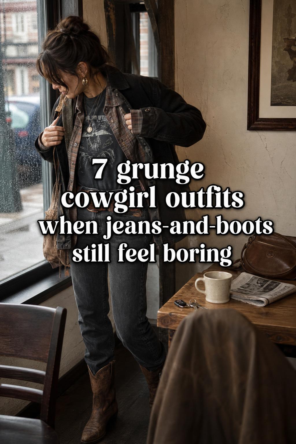 Woman in a cozy coffee shop wearing grunge cowgirl outfits with plaid shirt, denim jeans, and brown cowboy boots by a rainy window