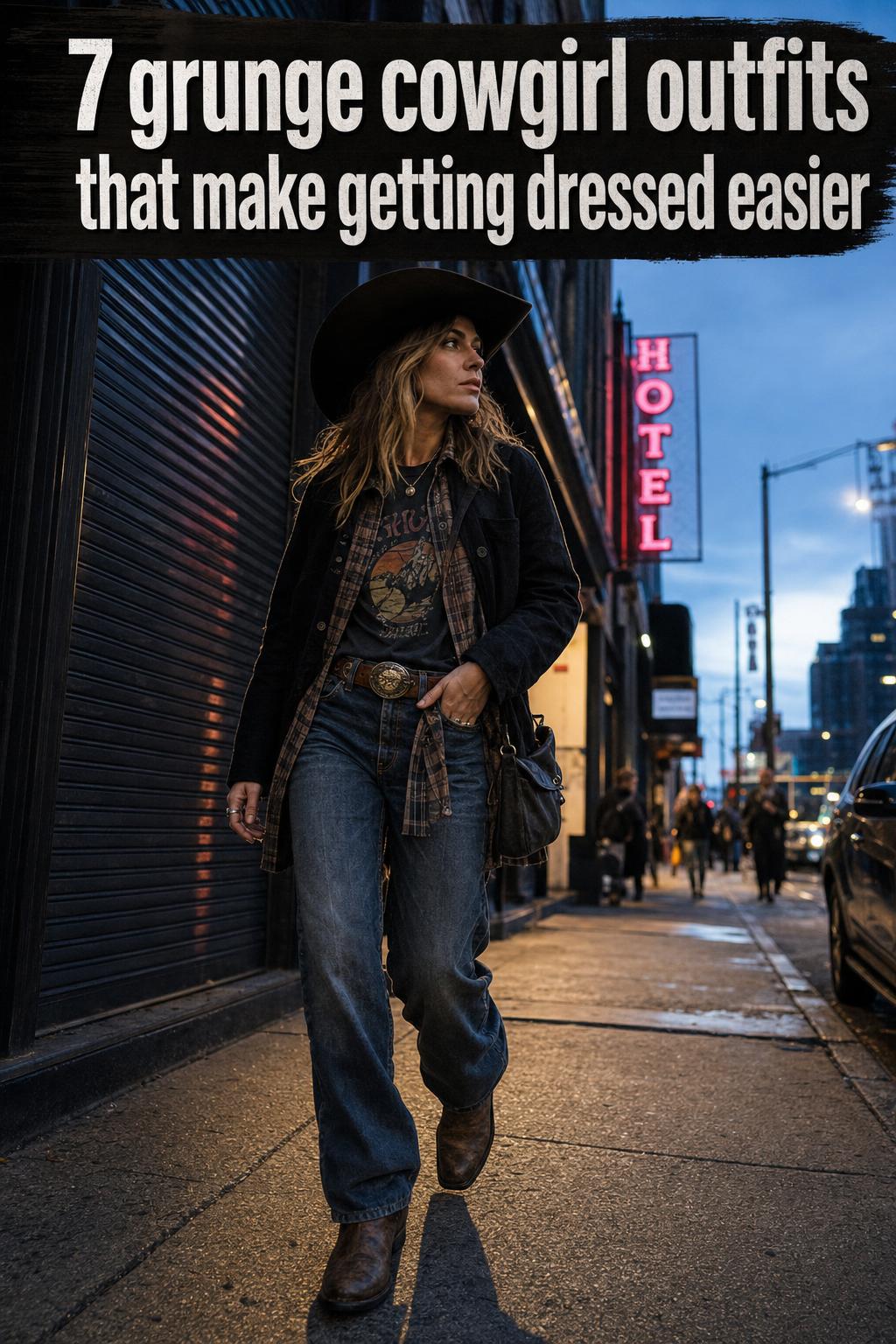 Grunge cowgirl outfits in a rustic barn setting with distressed denim, plaid shirt, and worn leather boots