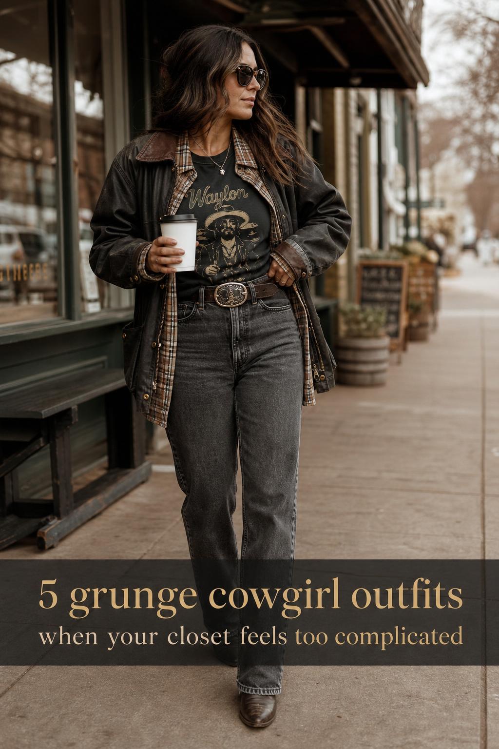 Woman in layered street style grunge cowgirl outfits with plaid overshirt, vintage tee, denim and cowboy boots on city sidewalk