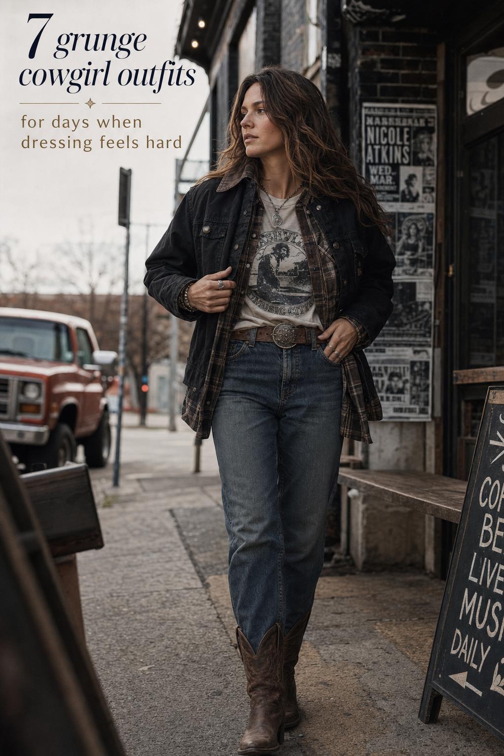 Adult woman in grunge cowgirl outfits with plaid overshirt, vintage tee, straight-leg denim and weathered cowboy boots on a city street
