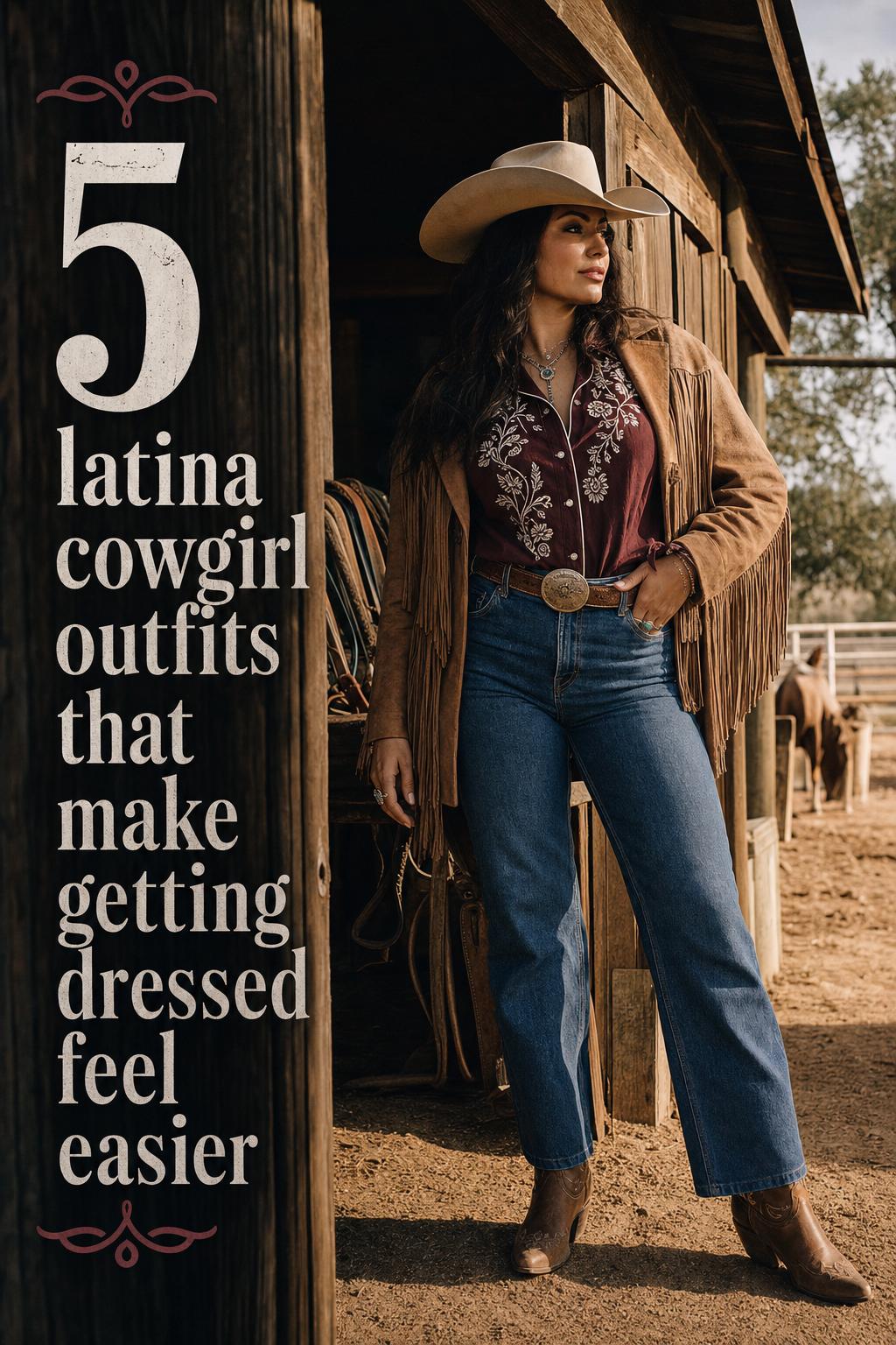 Latina cowgirl outfits editorial photo of adult woman in denim and wide-brim hat by a rustic ranch at golden hour