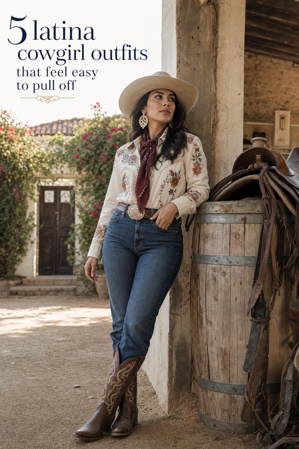 Latina cowgirl outfits editorial photo of a stylish woman in denim, boots, and wide-brim hat in a sunlit rustic courtyard