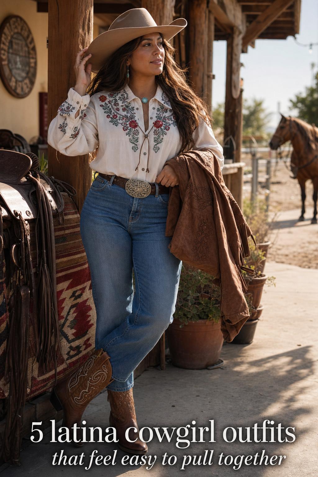Latina cowgirl outfits styled on an adult woman in denim and embroidered blouse, sunlit ranch walkway with hat and boots