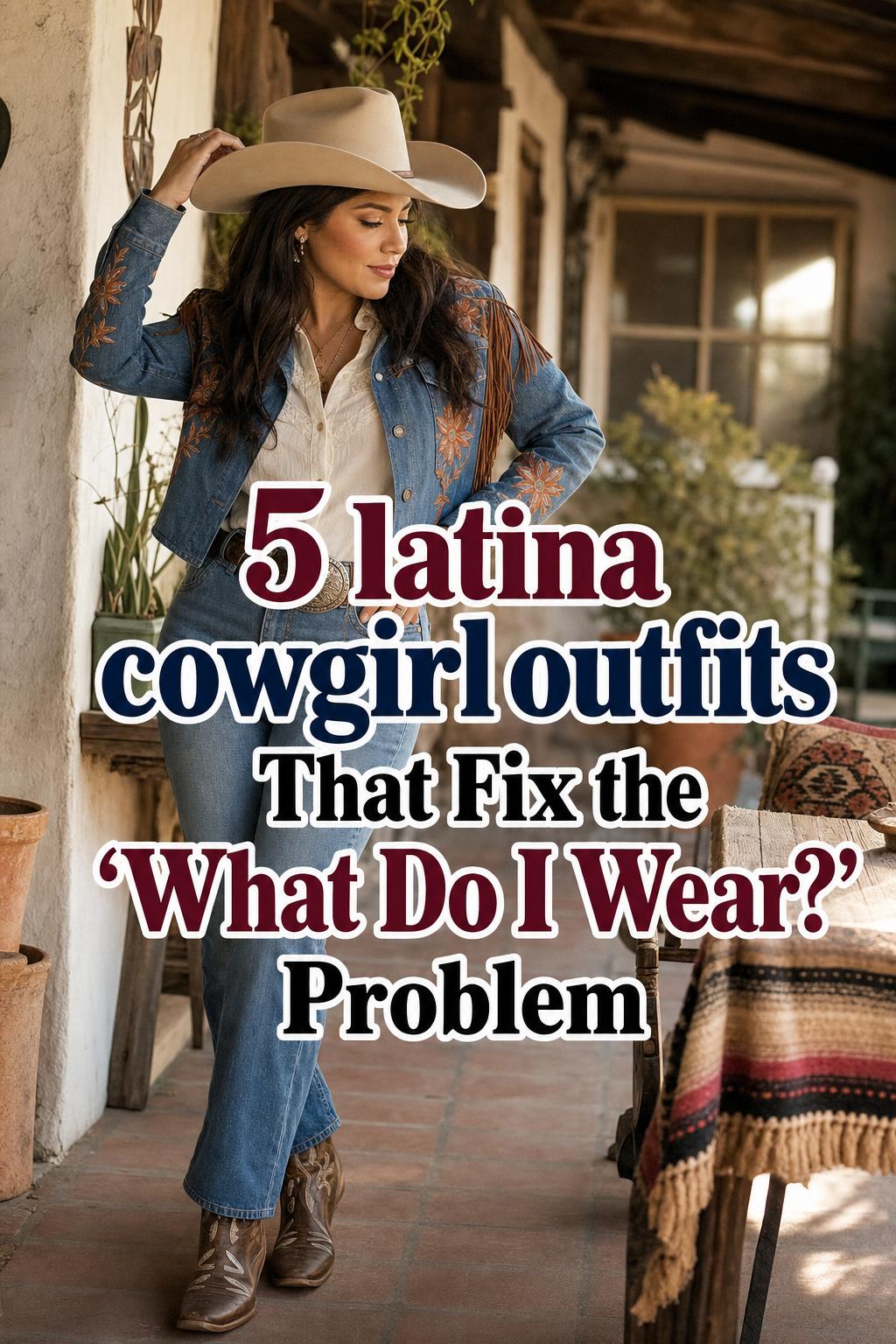 Latina cowgirl outfits on a woman in denim and felt hat on a sunlit ranch porch with warm golden-hour light and text overlay