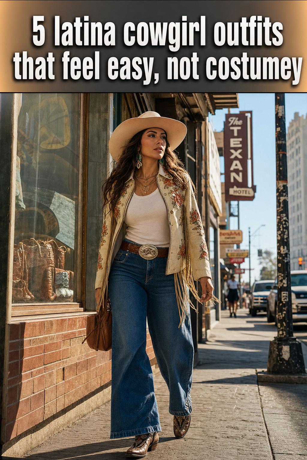 Latina cowgirl outfits featured in a stylish western fashion portrait with boots, denim, and a classic cowboy hat.