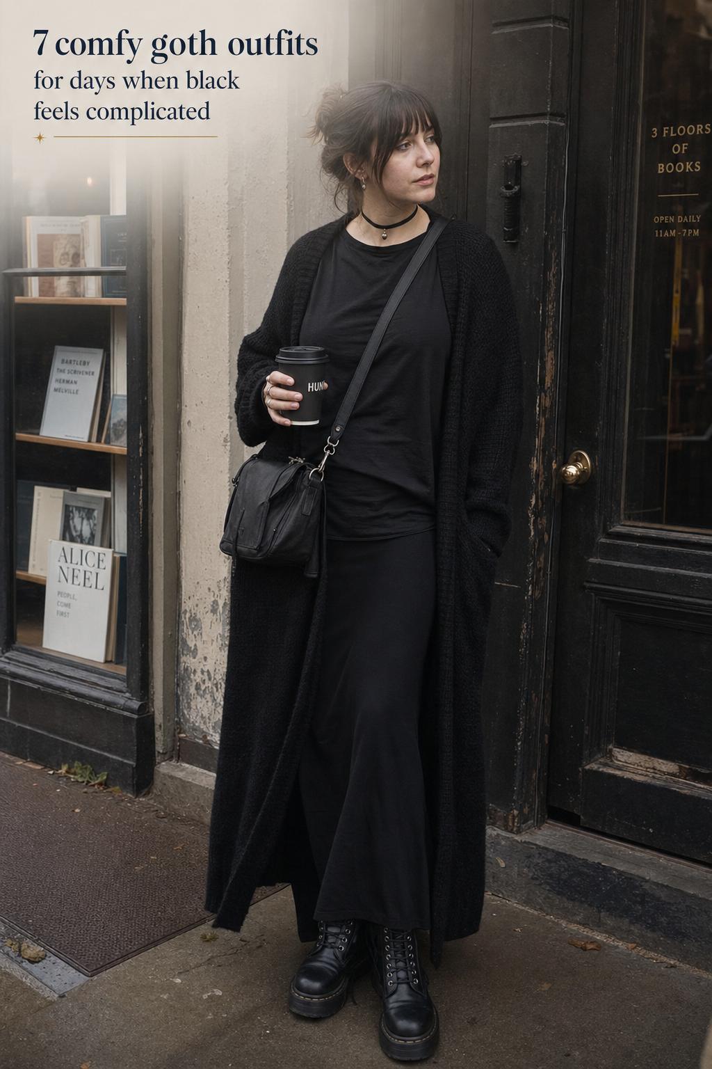 Adult in layered all-black comfy goth outfits on an overcast city sidewalk, wearing cardigan, maxi skirt, and combat boots