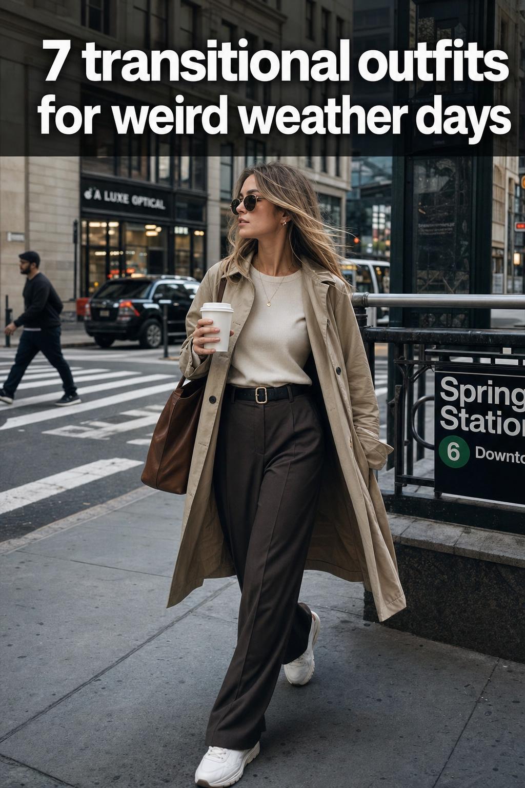 Street-style look featuring layered transitional outfits with a light jacket and scarf for changing weather