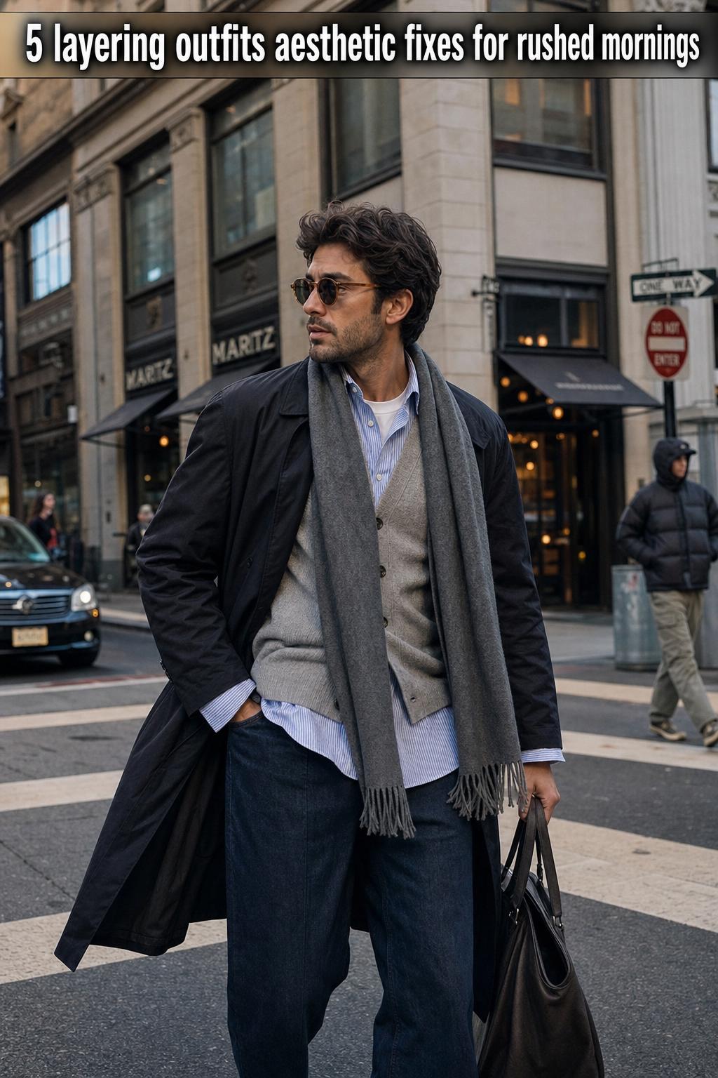 Layering outfits aesthetic with a cozy knit sweater, tailored coat, and scarf in a street style look