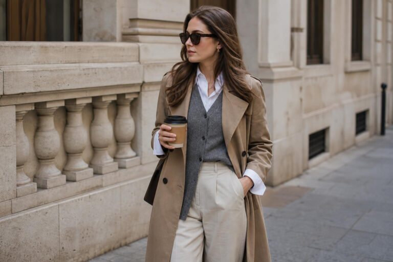 Layering outfits aesthetic with a white shirt, knit sweater, and beige trench coat in a polished spring street style look