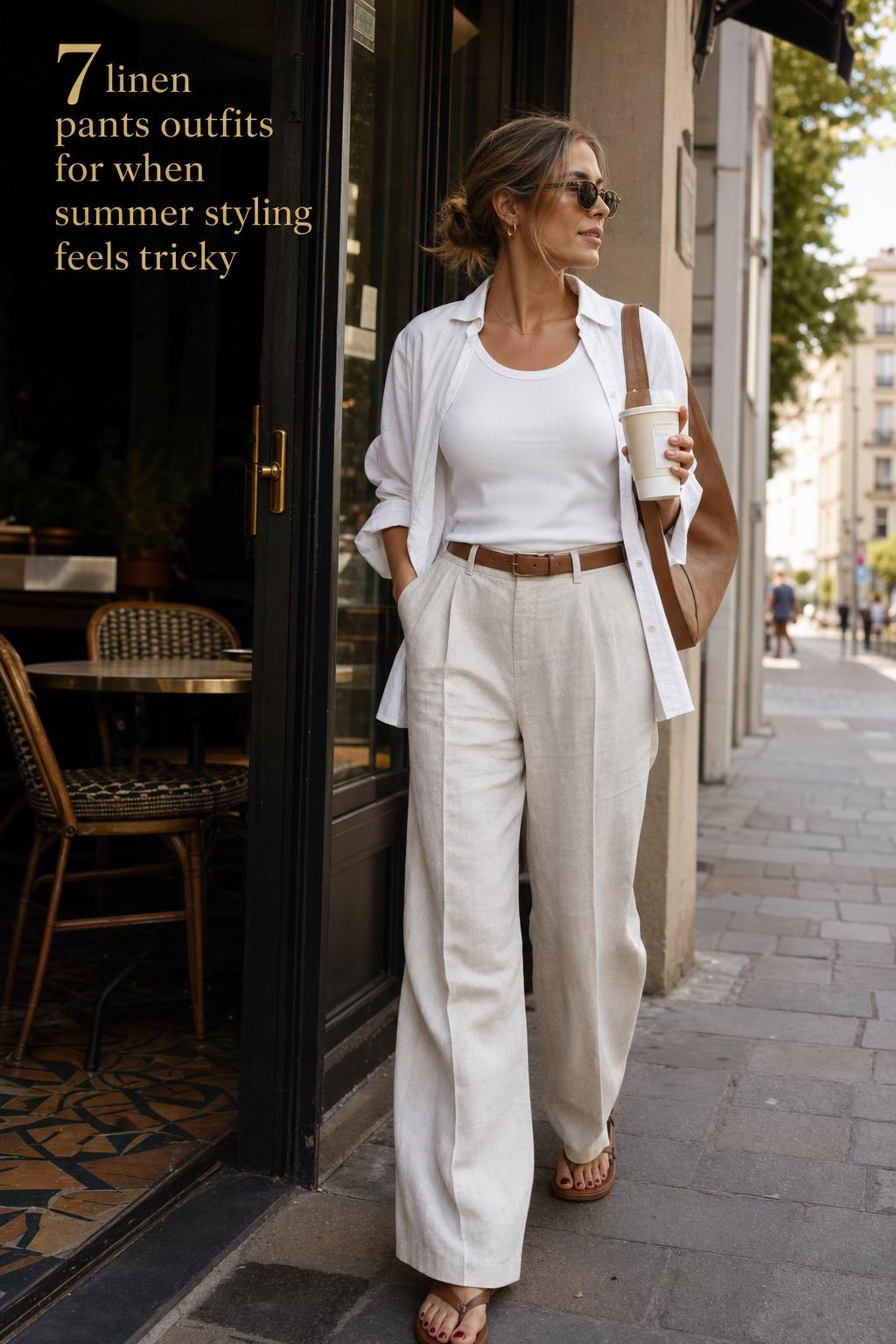 Linen pants outfits with wide-leg neutral trousers, tank and open shirt, woman leaving a sunny cafe on a city street